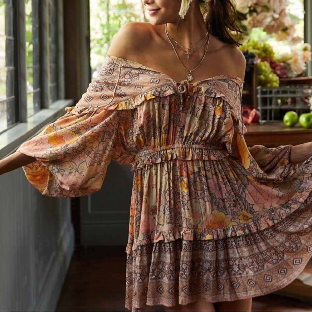 Spell Floral Off-Shoulder Dress in Pink and Yellow